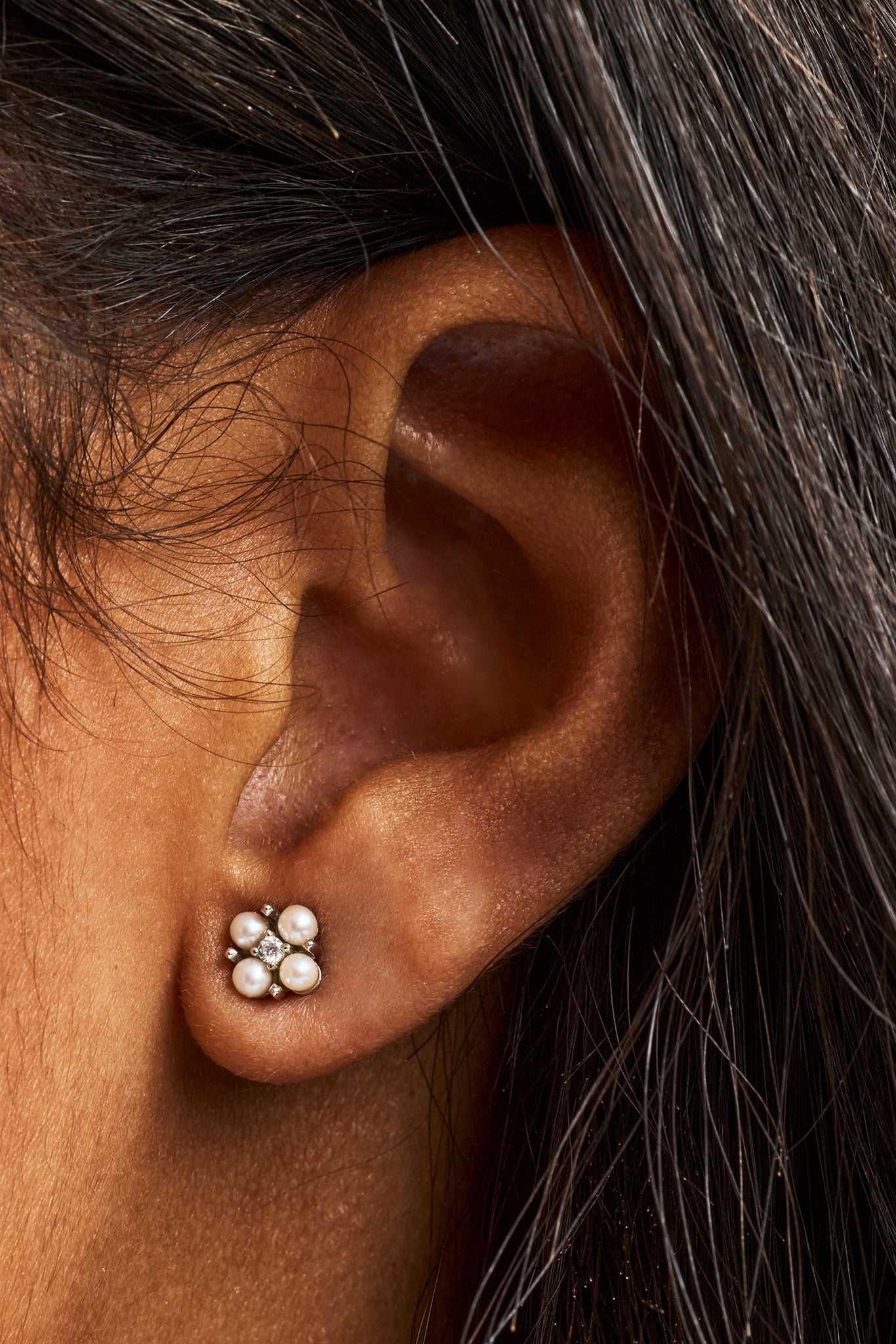 Micro Pearl & CZ Motif Stud Earrings - 2.5mm - White